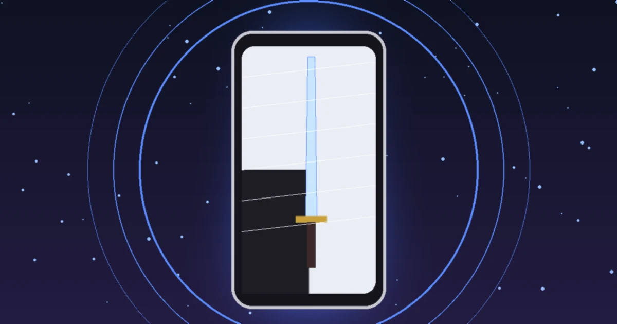 Ein Smartphone mit einem leuchtenden Katana auf dem Display, halb schwarz und halb weiß, umgeben von blauen Lichtringen vor dunklem Sternenhimmel