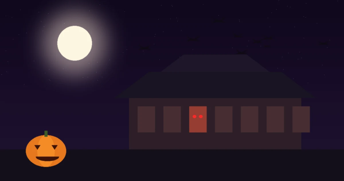 Ein altes japanisches Haus unter dem Vollmond, in einem Fenster leuchten zwei rote Augen, im Vordergrund Fledermäuse und ein Kürbis