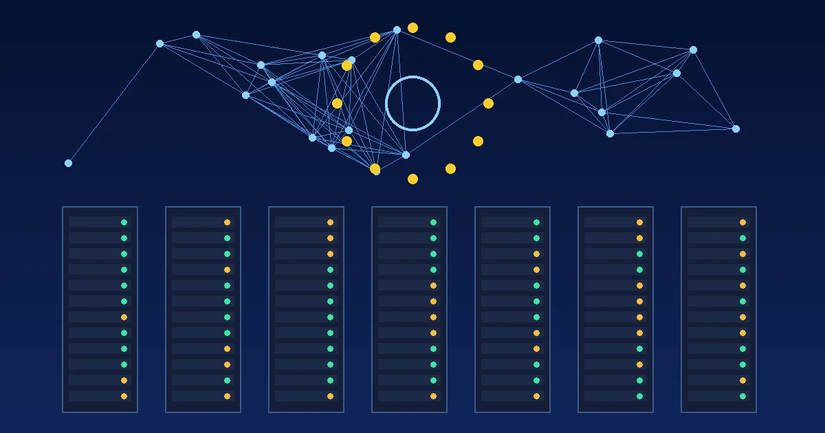 Leuchtende Serverschränke unter einem Netz aus verbundenen Lichtpunkten und einem Kreis aus goldenen Sternen