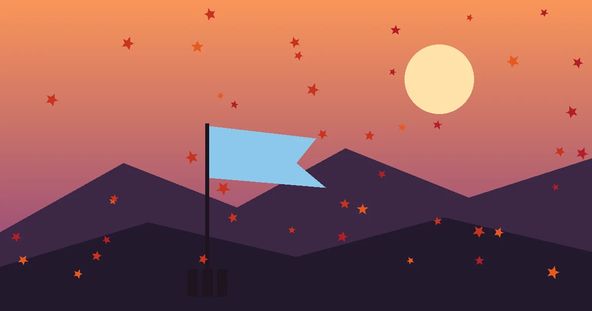 Dunkle Hügel mit einem wehenden hellblauen Banner, fallenden roten Blättern und hellem Mond am Abendhimmel