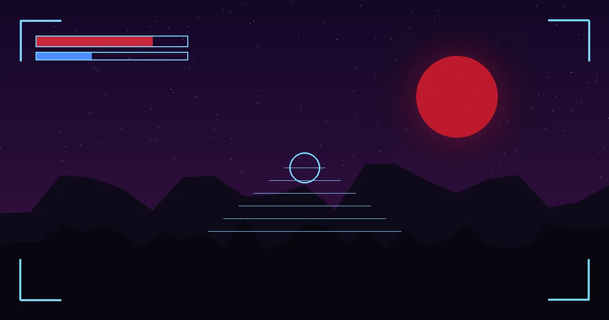 Roter Mond über dunklen Bergen in einer Fantasy-Nacht, eingerahmt von leuchtenden Spiel-Anzeigen in Hellblau