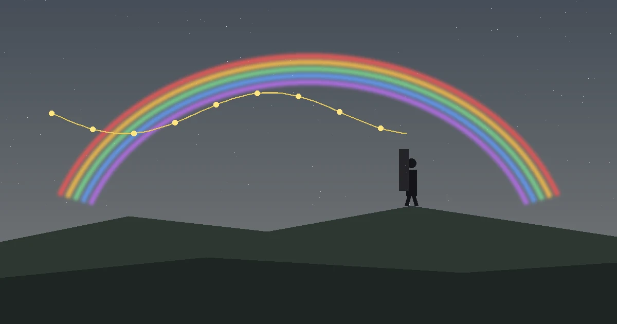 Einsame Gestalt mit Rucksack auf einem Hügel unter grauem Himmel, darüber ein heller Regenbogen und eine schwebende Kabelverbindung