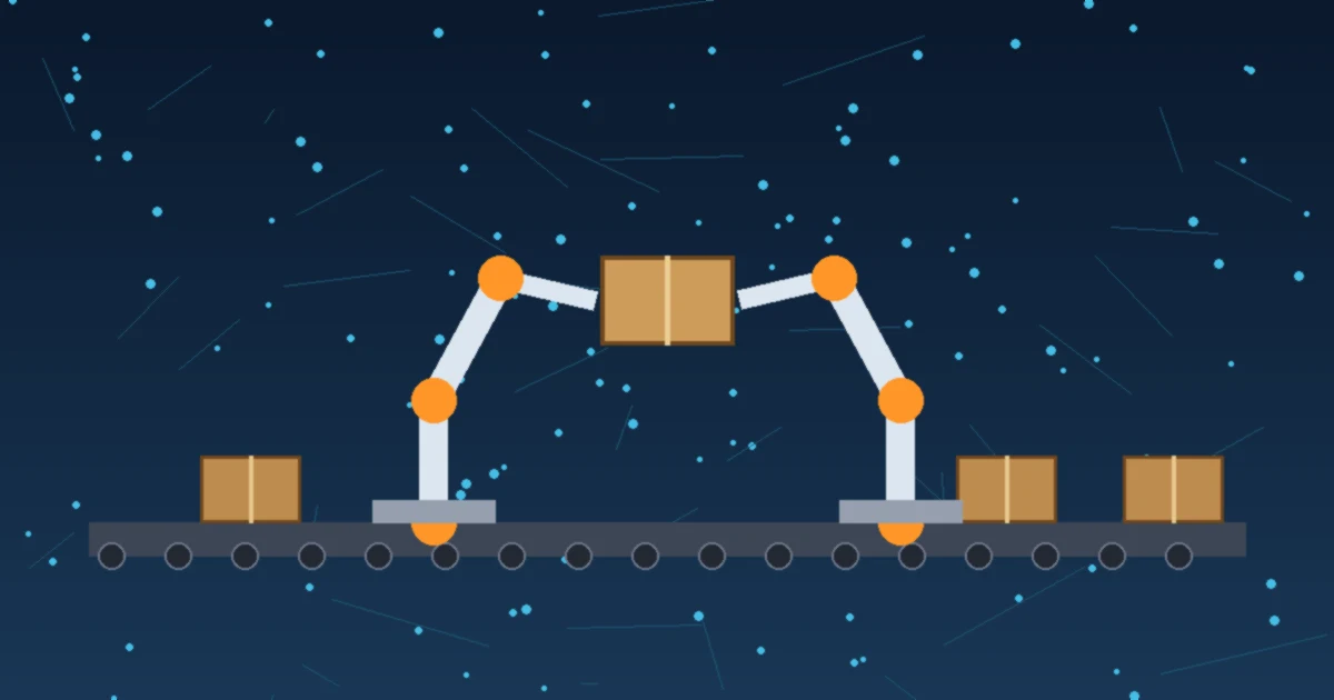 Zwei stilisierte Roboterarme heben ein Paket von einem Förderband, umgeben von leuchtenden Datenpunkten