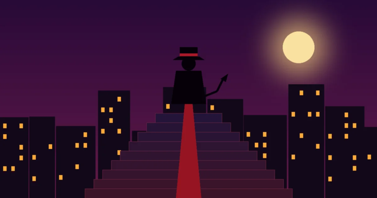 Silhouette mit Hut und Teufelsschwanz auf einer Treppe mit rotem Teppich vor einer nächtlichen Stadt unter Vollmond