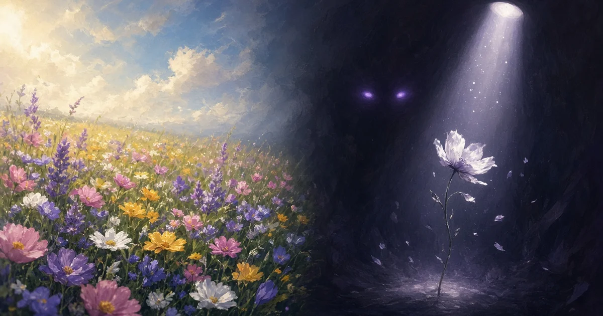 Gemalte Blumenwiese, die in Dunkelheit übergeht, wo eine einzelne Blüte im Spotlight steht und violette Augen leuchten
