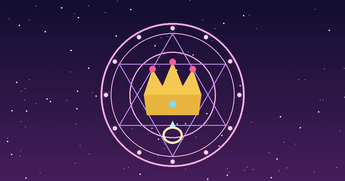 Goldene Krone und ein Ring in einem leuchtenden Zauberkreis vor einem violetten Sternenhimmel