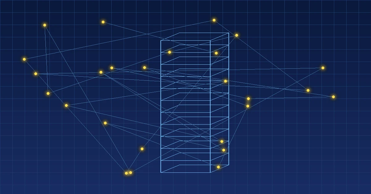 Ein leuchtendes Drahtgittermodell eines Hochhauses über einem Raster, umgeben von verbundenen Datenpunkten in Blau und Gelb