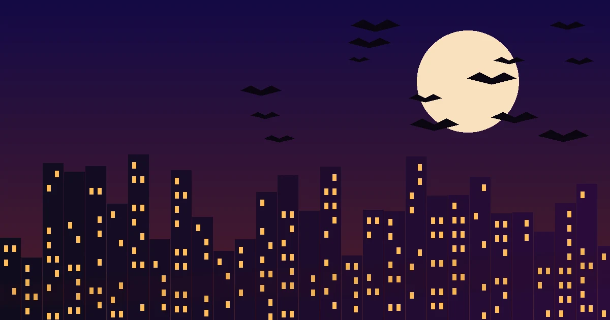 Nächtliche Hochhaussilhouette unter einem hellen Vollmond, über der ein Schwarm Fledermäuse kreist
