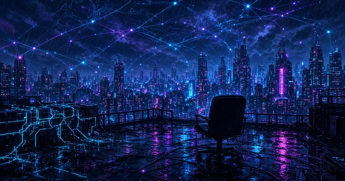 Nächtliche Neon-Stadt im Regen von einem Dach aus, leuchtende Datenlinien am Himmel und ein leerer Stuhl